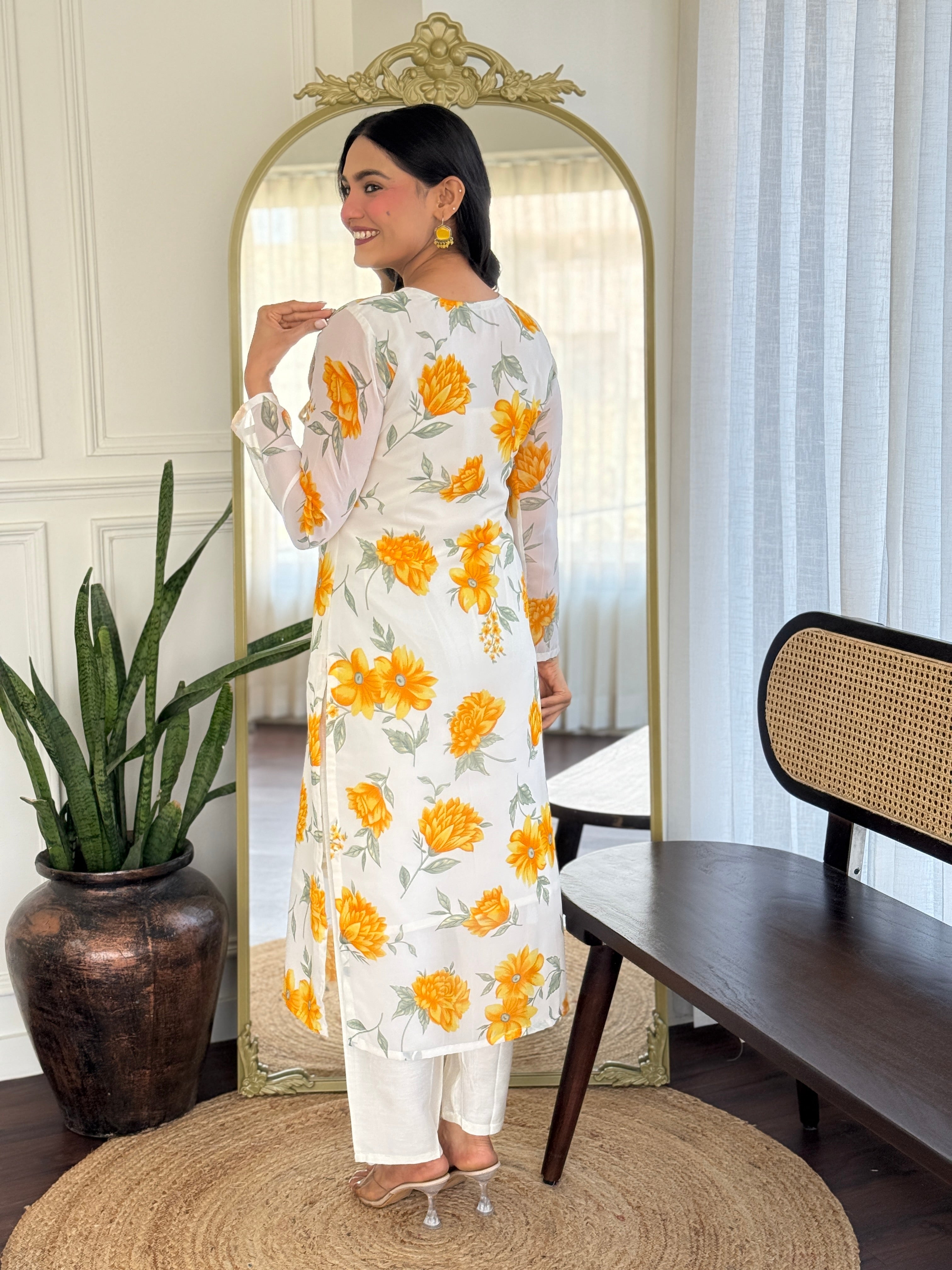 YELLOW   COLOURED  WOMEN'S GEORGETTE  KURTA  WITH PANT DUPATTA  SET