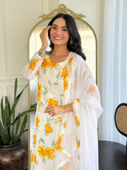 YELLOW   COLOURED  WOMEN'S GEORGETTE  KURTA  WITH PANT DUPATTA  SET
