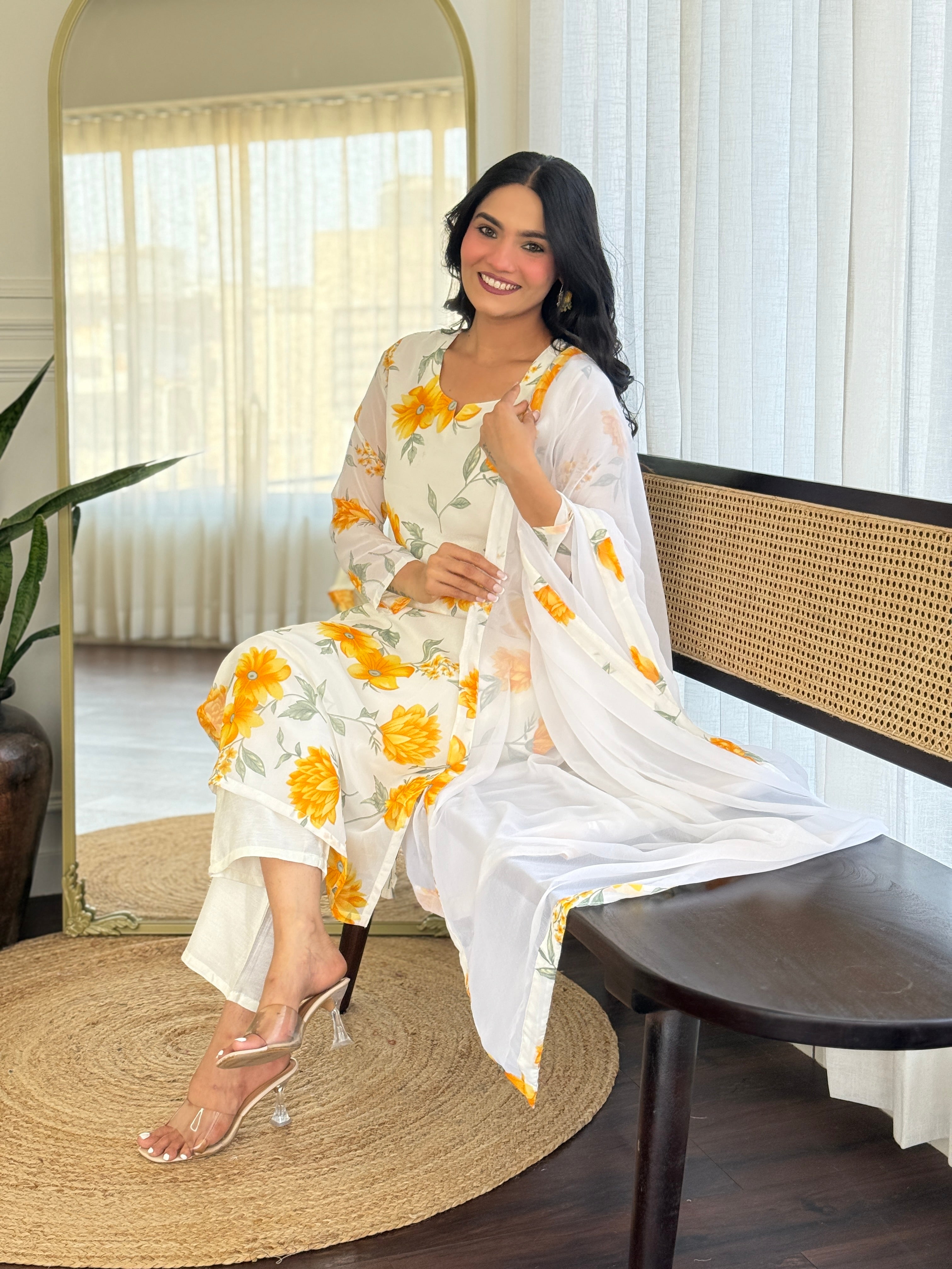 YELLOW   COLOURED  WOMEN'S GEORGETTE  KURTA  WITH PANT DUPATTA  SET