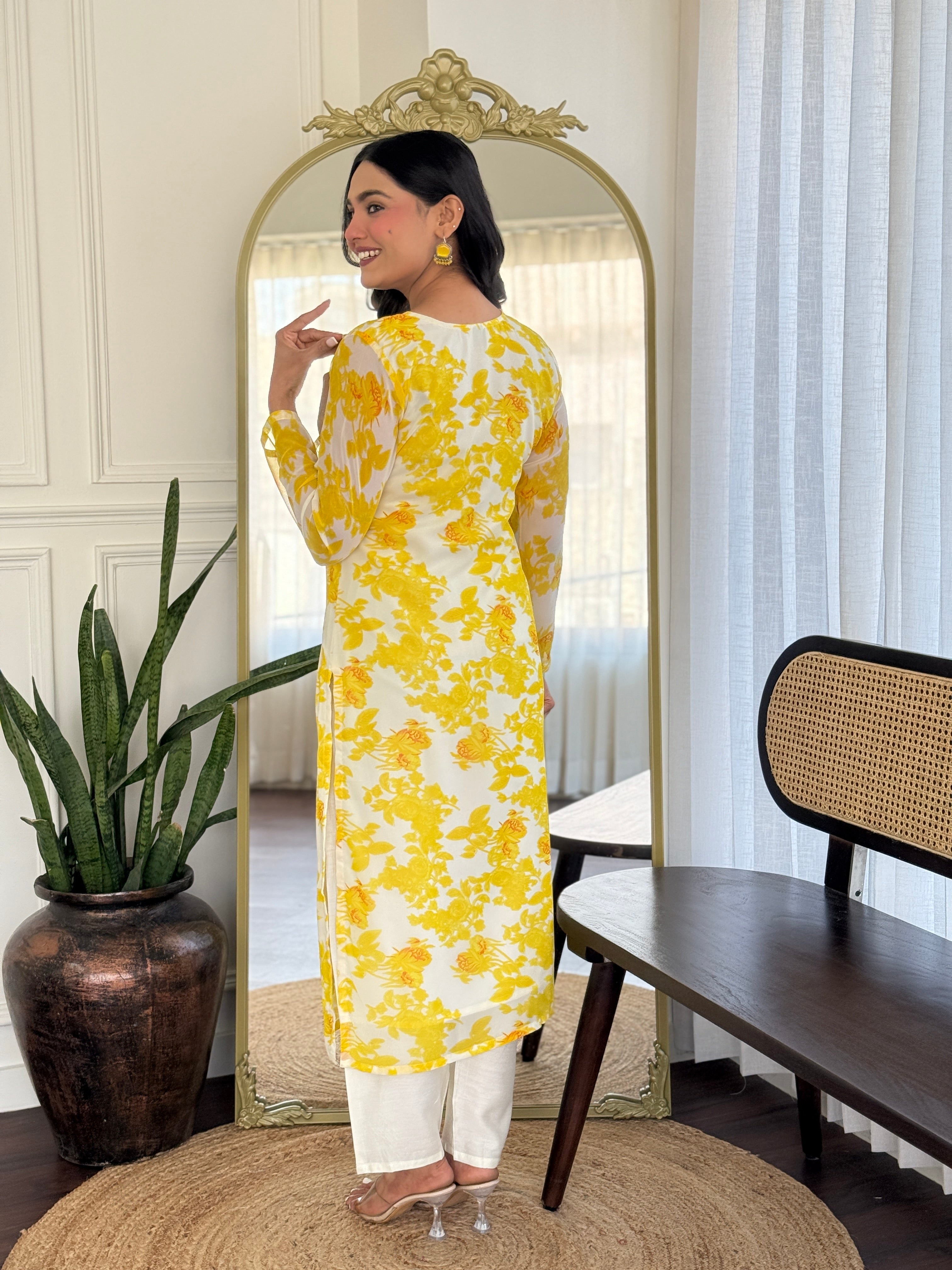 YELLOW  COLOURED  WOMEN'S GEORGETTE  KURTA  WITH PANT DUPATTA  SET