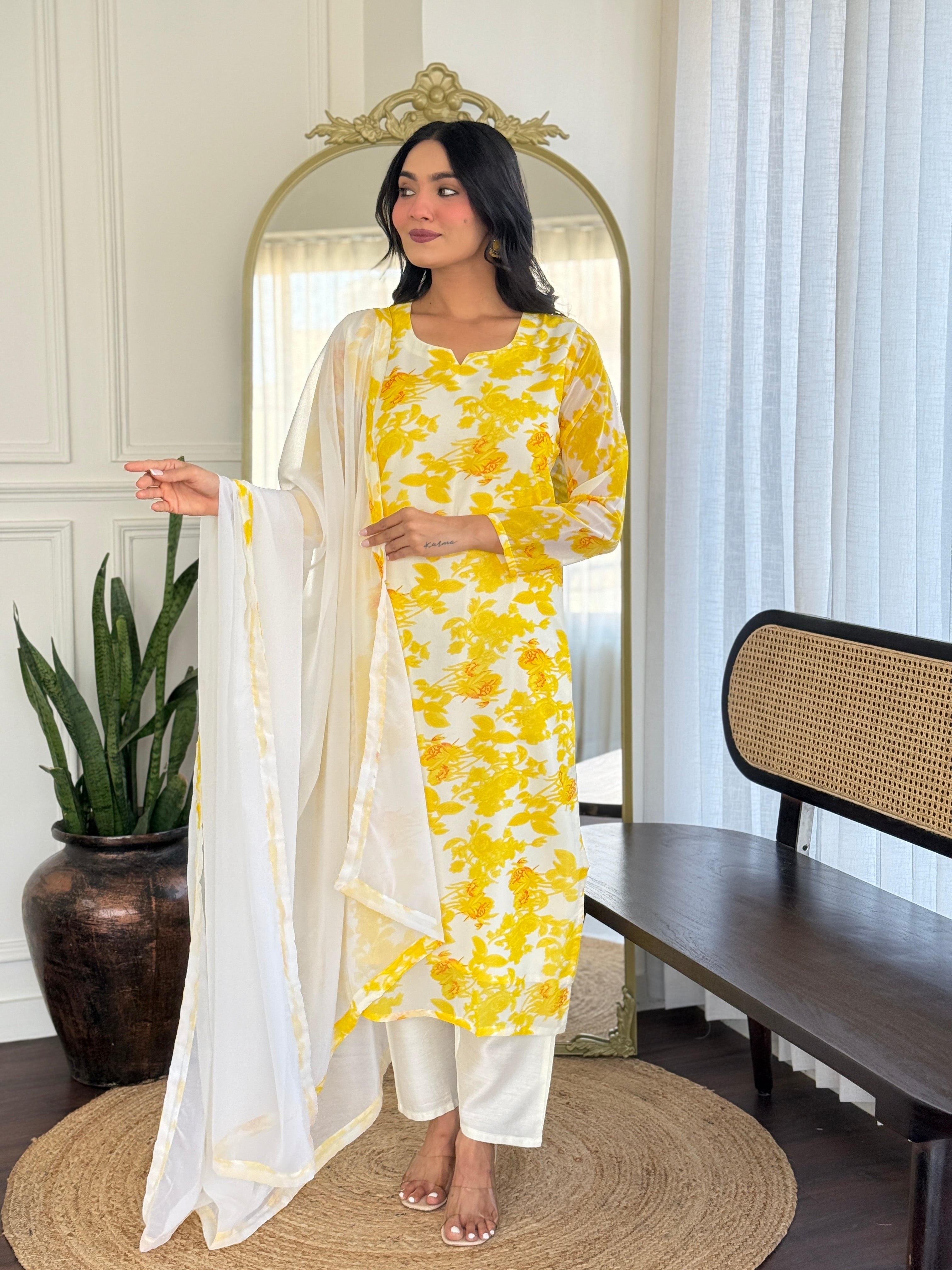 YELLOW  COLOURED  WOMEN'S GEORGETTE  KURTA  WITH PANT DUPATTA  SET