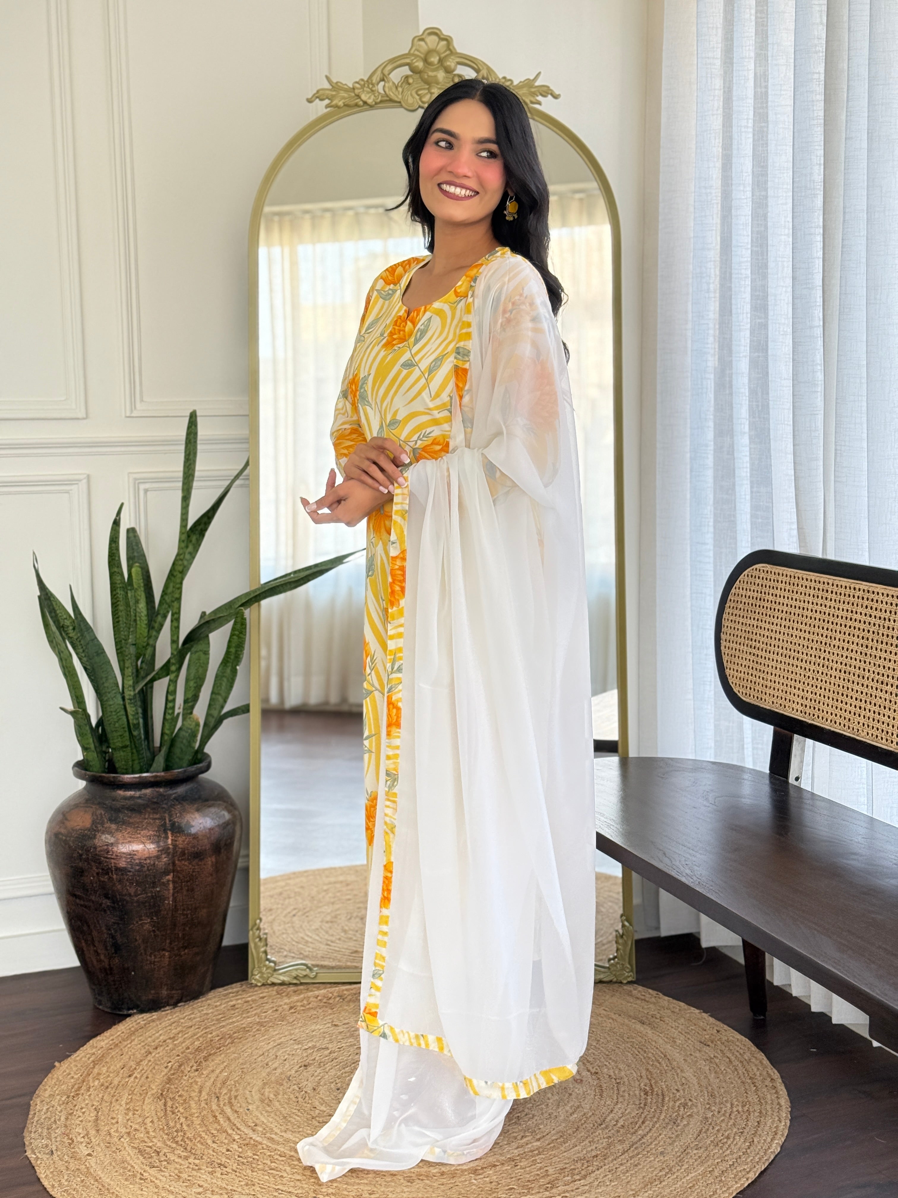 YELLOW  COLOURED  WOMEN'S GEORGETTE  KURTA  WITH PANT DUPATTA  SET