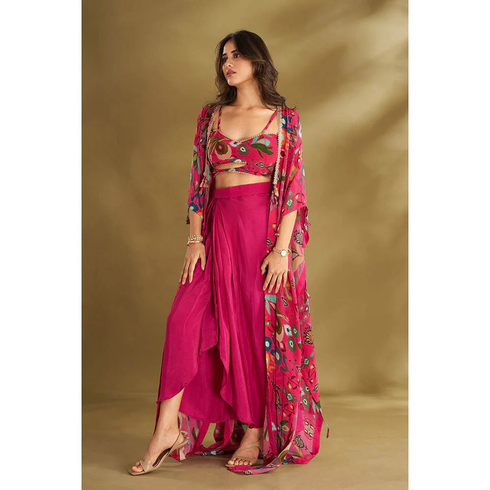 Pink Drape Skirt With Blouse And Jacket (Set of 3)