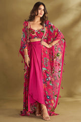 Pink Drape Skirt With Blouse And Jacket (Set of 3)
