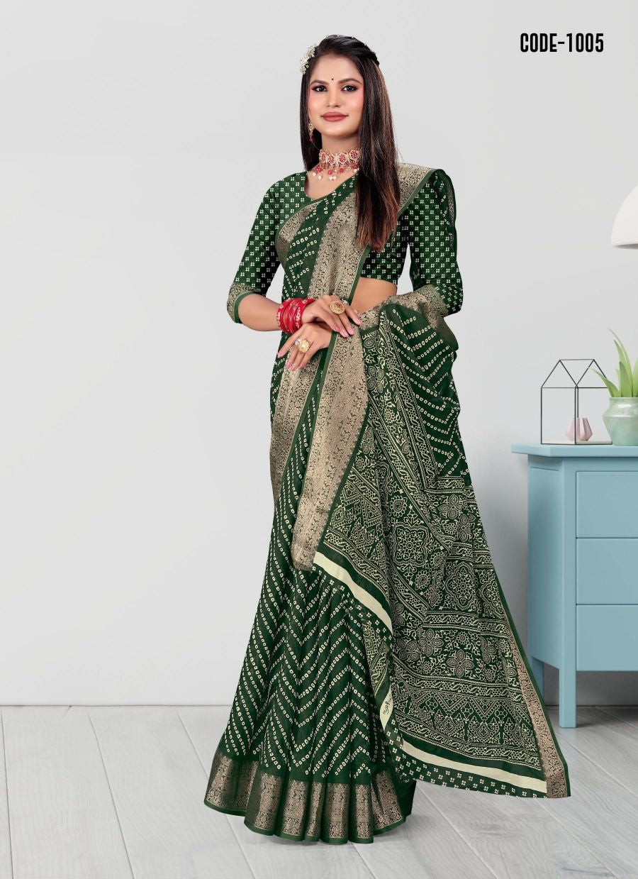Laheriya print Zari border Soft cotton saree with blouse for women