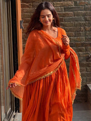ORANGE  COLOURED WOMEN'S  CHANDERI  KURTA SET
