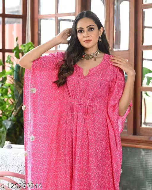 Beautiful Printed Rayon Kaftan Kurti for Women | Stylish Long Kurti Malaysia | Ethnic Wear Online Shopping