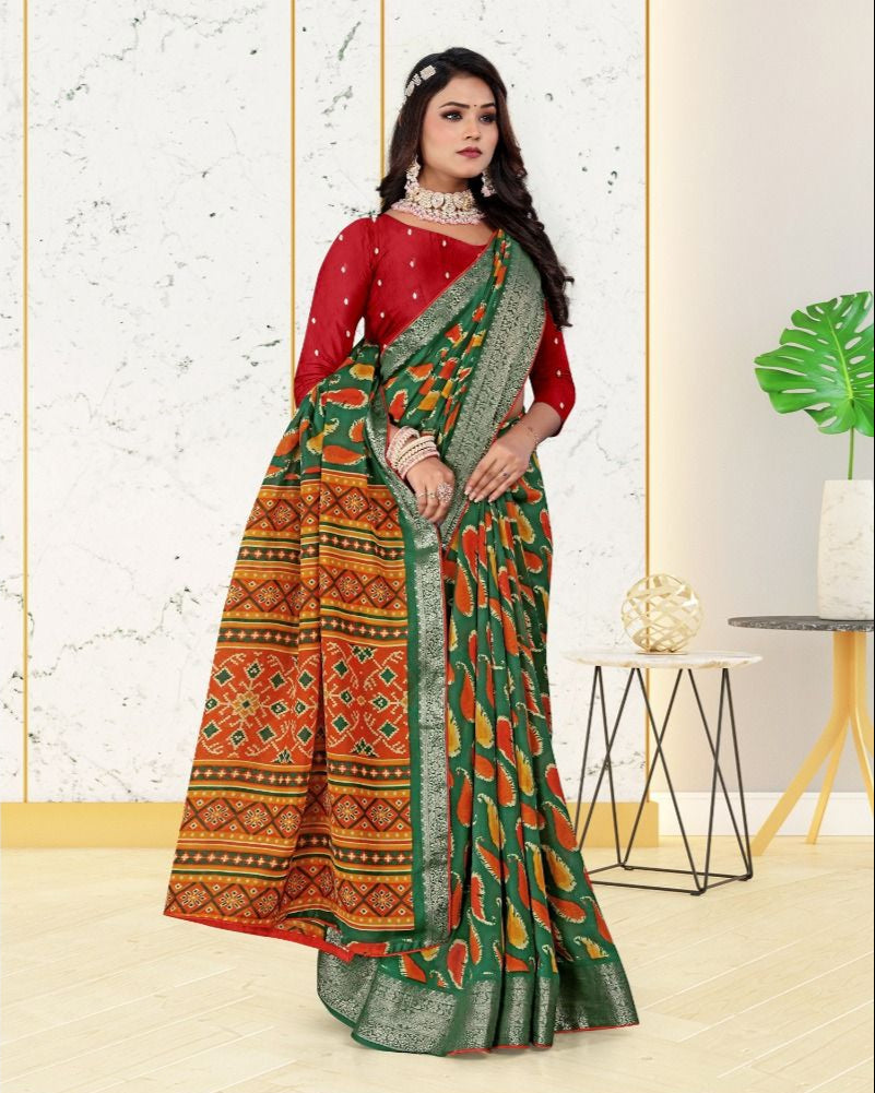 Jacquard Contrast Piping Border Cotton saree with blouse for women