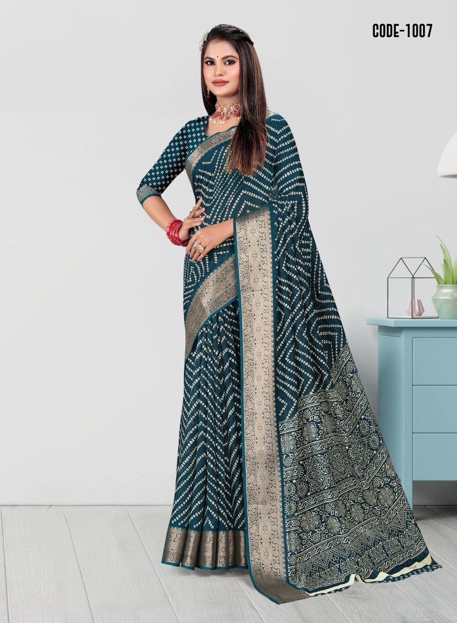 Laheriya print Zari border Soft cotton saree with blouse for women