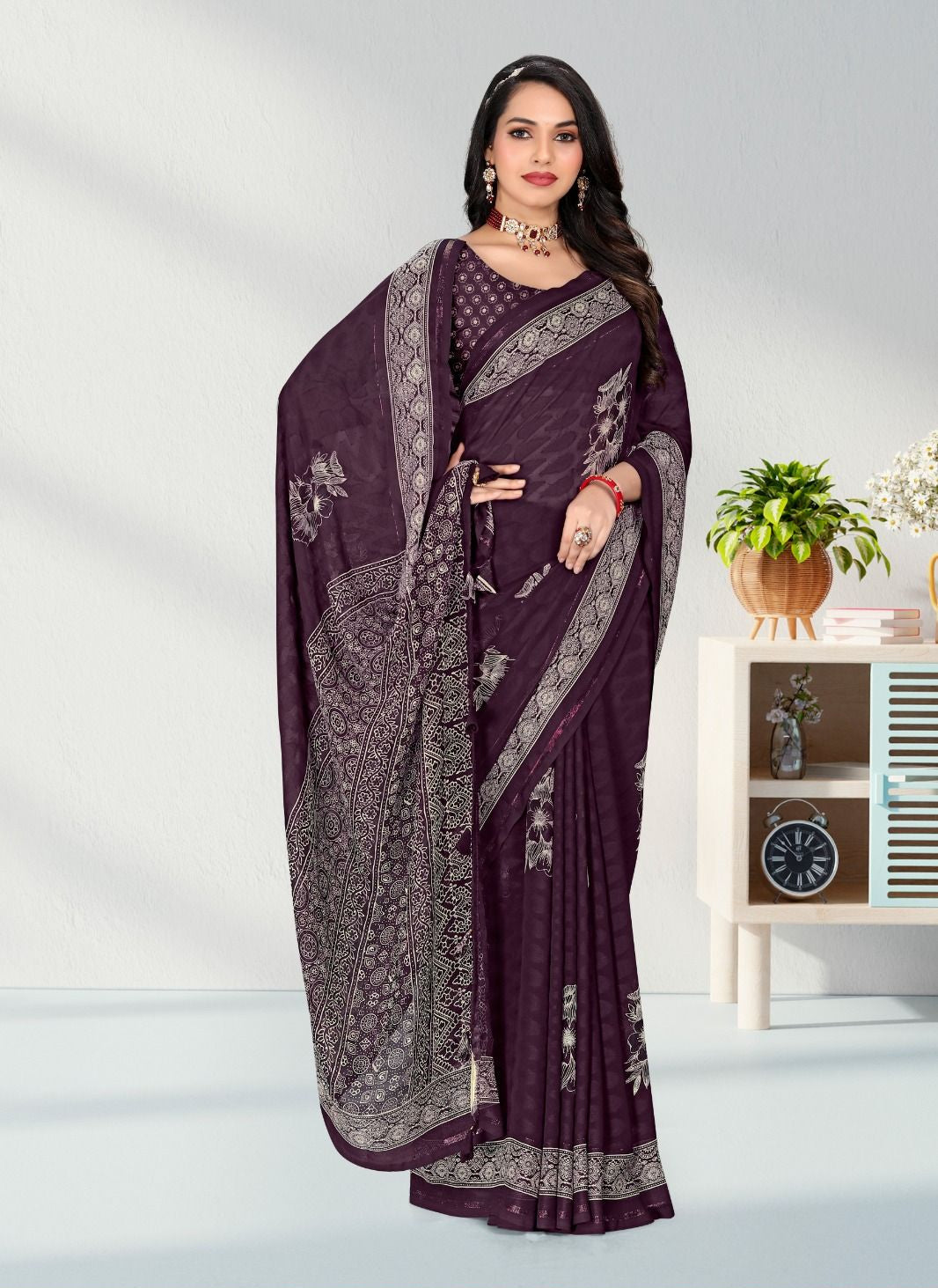 Satin border Jacquard Butta Georgette saree with blouse for women