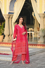 KASHISH RED COLOURED  WOMEN'S  SOFT CHINNON SILK   KURTA WITH PANT DUPATTA  SET