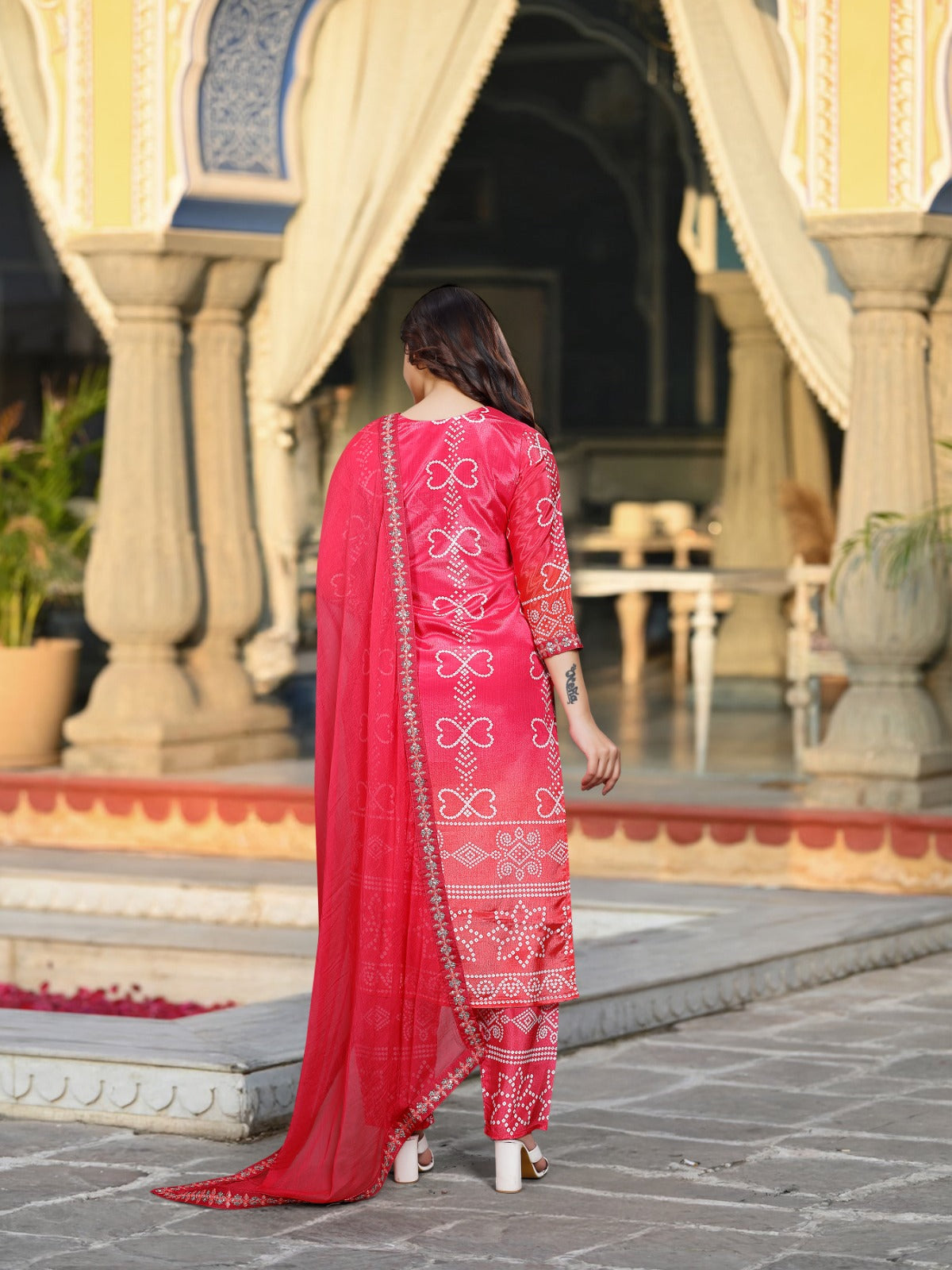 KASHISH RED COLOURED  WOMEN'S  SOFT CHINNON SILK   KURTA WITH PANT DUPATTA  SET