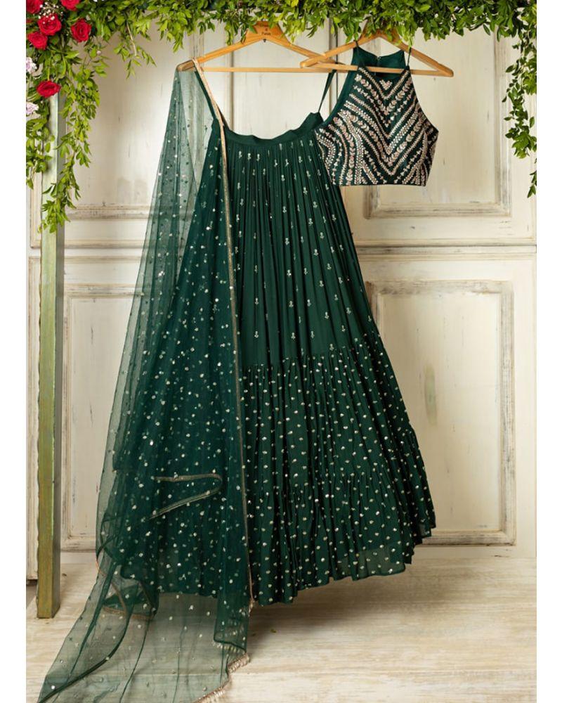 Bottle green designer ruffle wedding lehenga choli