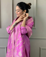 JENA LIGHT PINK  COLOURED  WOMEN'S VISCOSE CHANDERI KURTA WITH PANT DUPATTA  SET