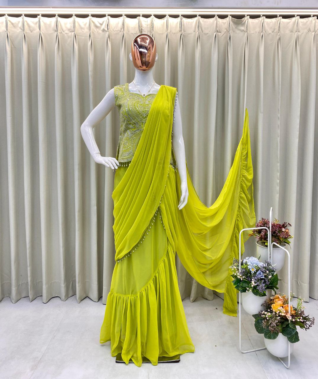 New Designer Ready to Wear Lehenga Saree Malaysia | Georgette Sleeveless Blouse with Back Dori & Sequins Embroidery Work | Party Wear & Wedding Collection