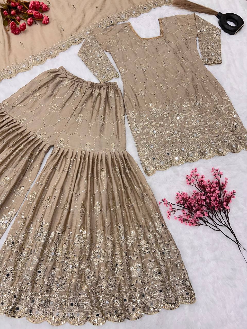 ✨ New Designer Sharara Set Malaysia | Faux Georgette Top Bottom Dupatta | Heavy Embroidery Sequence & Real Mirror Work | Ready to Wear Partywear Outfit ✨