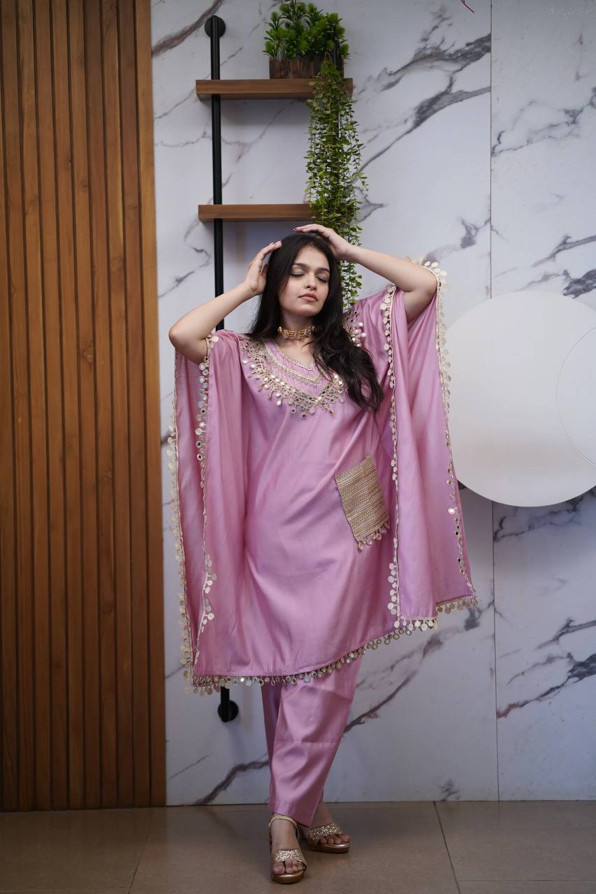 Luxury Kaftan & Pant Set Malaysia | Premium Devsena Satin Kaftan with Embroidered Lace & Real Mirror Work | Modest Fashion | Eid & Party Wear Dress