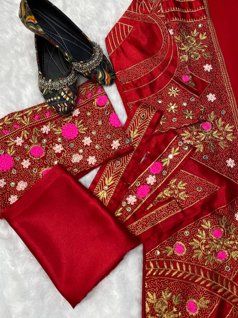 Designer Satin Silk Koti Set with Fancy Sleeve, Real Mirror Work, Choli & Patiala | Embroidery Ethnic Wear