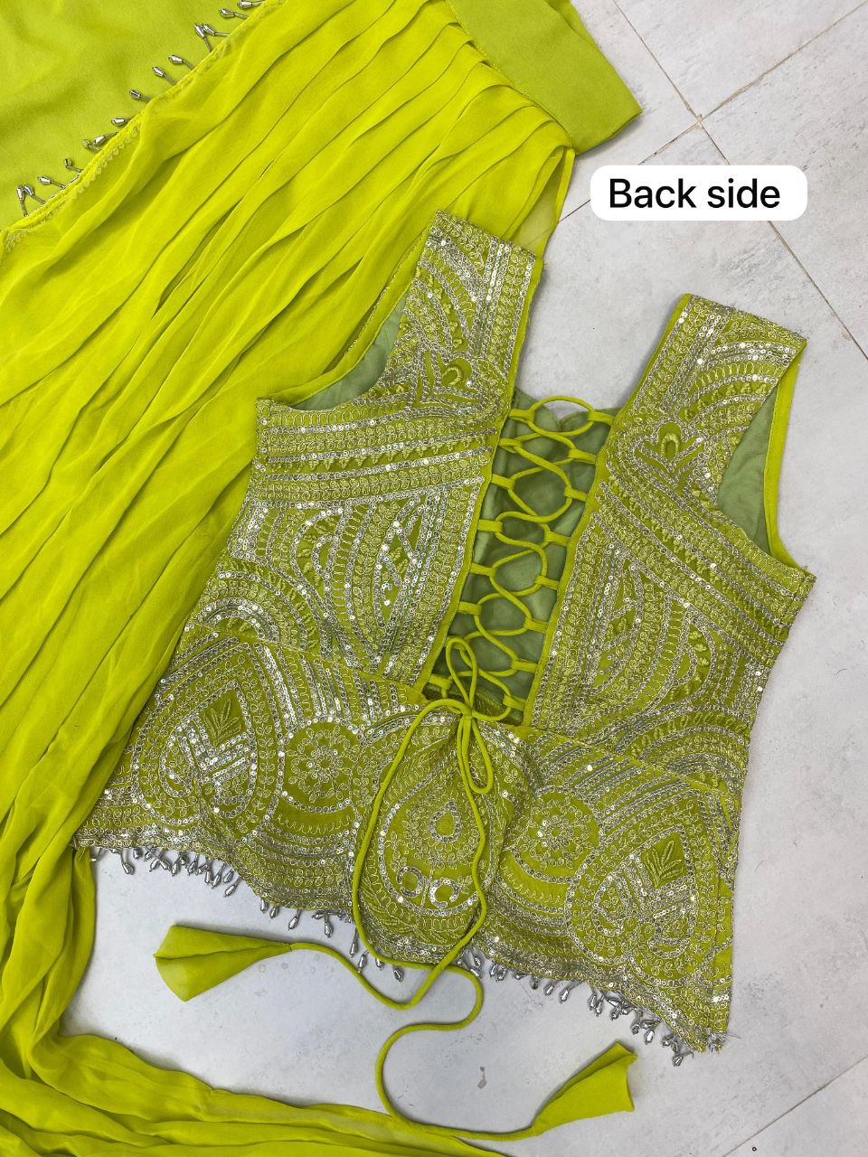 New Designer Ready to Wear Lehenga Saree Malaysia | Georgette Sleeveless Blouse with Back Dori & Sequins Embroidery Work | Party Wear & Wedding Collection