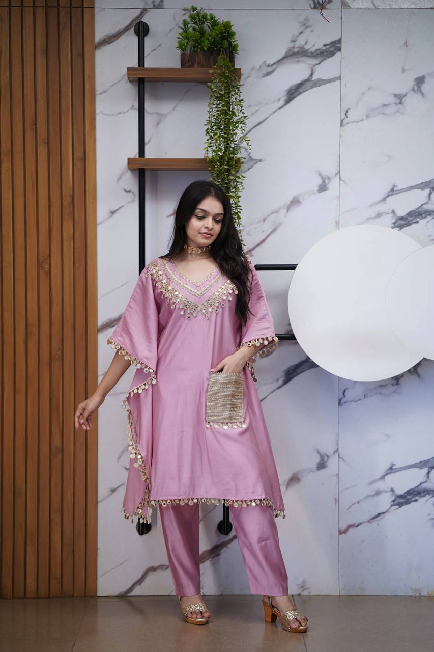Luxury Kaftan & Pant Set Malaysia | Premium Devsena Satin Kaftan with Embroidered Lace & Real Mirror Work | Modest Fashion | Eid & Party Wear Dress