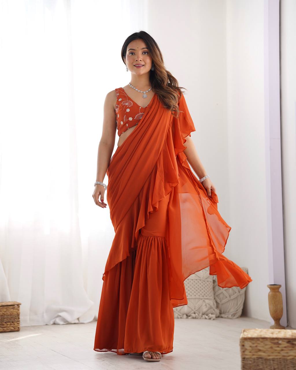 Luxury Ready to Wear Sharara Saree Malaysia | Premium Fox Georgette Wedding Saree with Stitched Blouse | Party Wear & Festive Collection