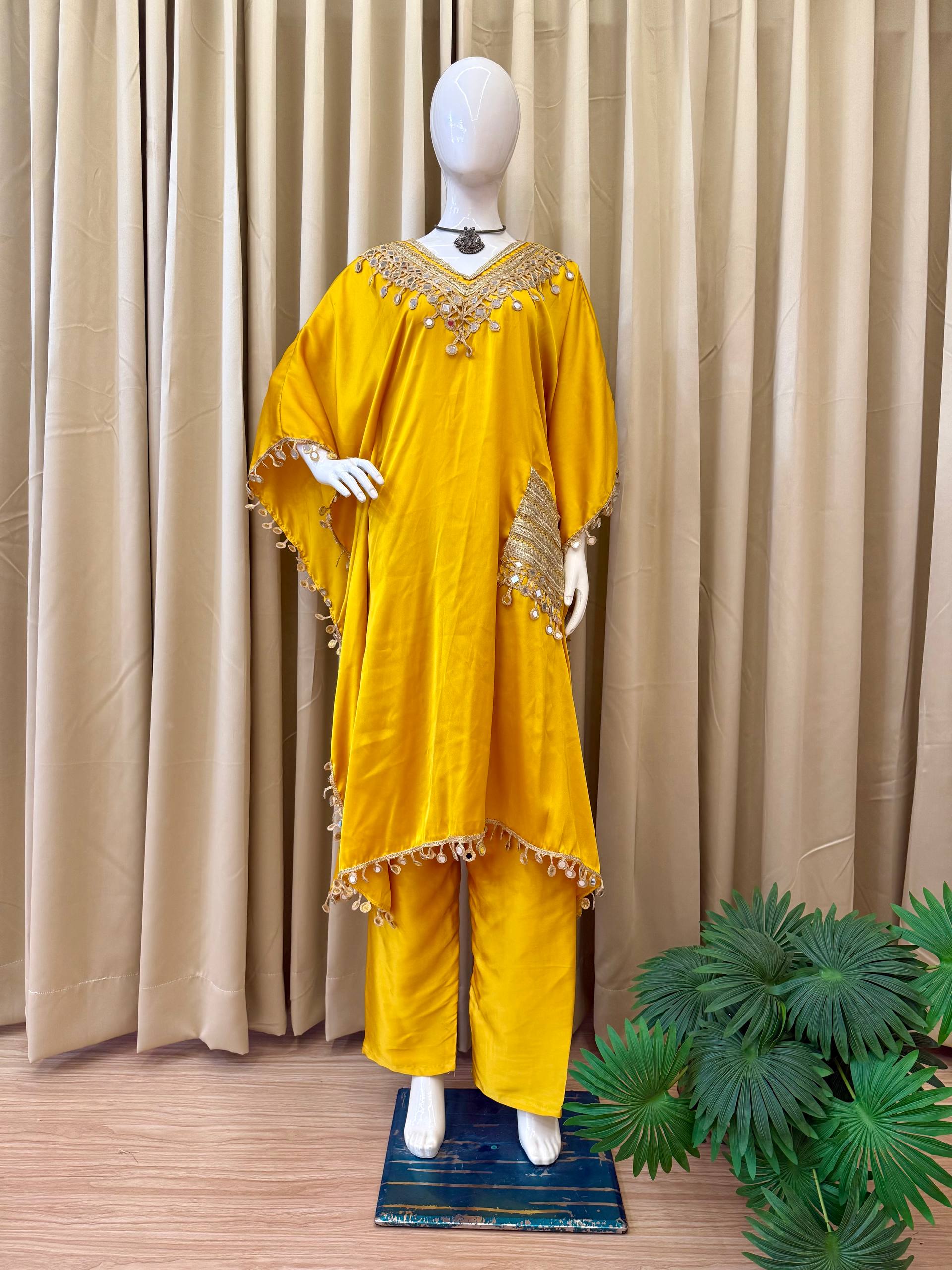 Luxury Kaftan & Pant Set Malaysia | Premium Devsena Satin Kaftan with Embroidered Lace & Real Mirror Work | Modest Fashion | Eid & Party Wear Dress