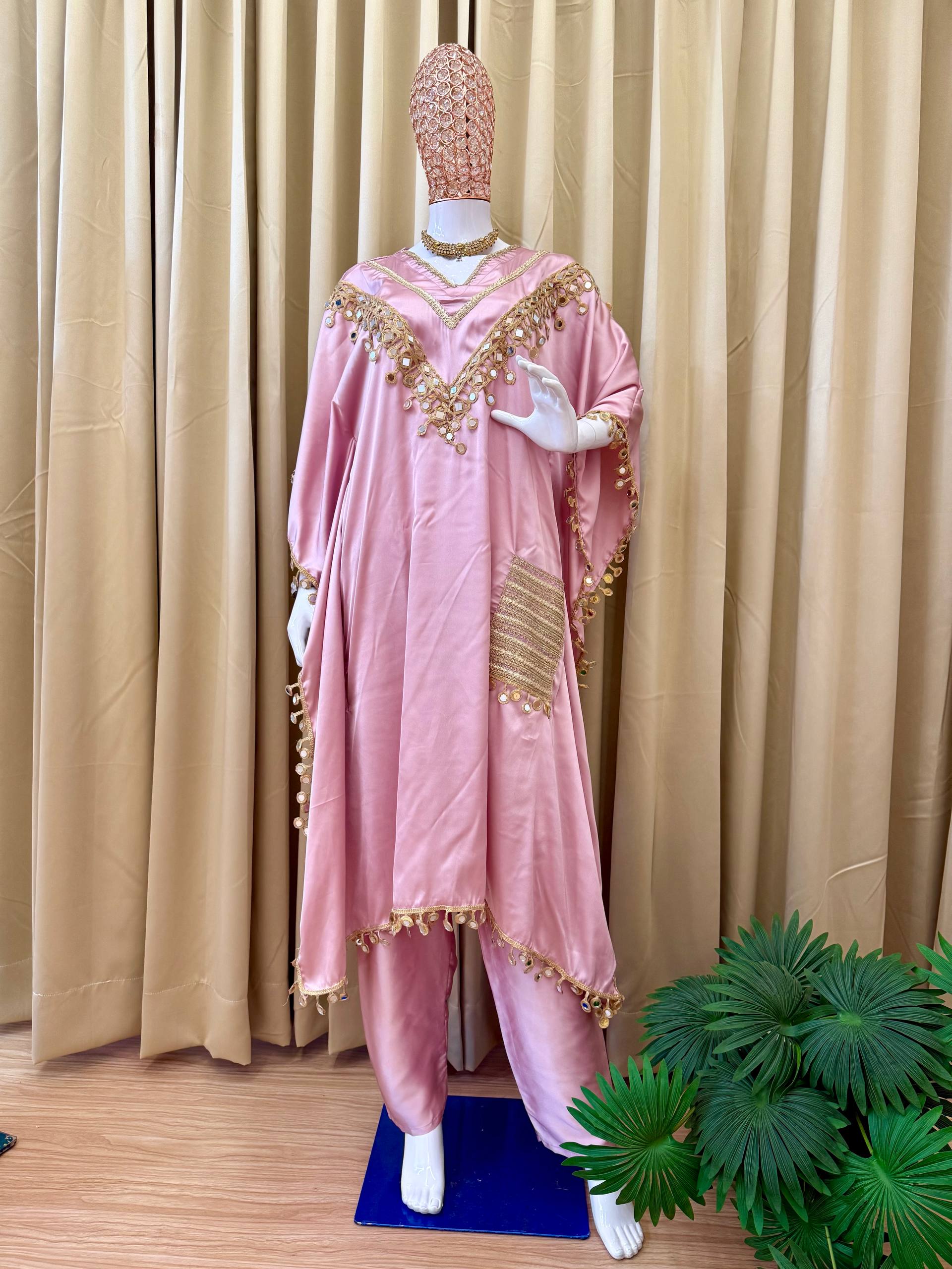 Luxury Kaftan & Pant Set Malaysia | Premium Devsena Satin Kaftan with Embroidered Lace & Real Mirror Work | Modest Fashion | Eid & Party Wear Dress