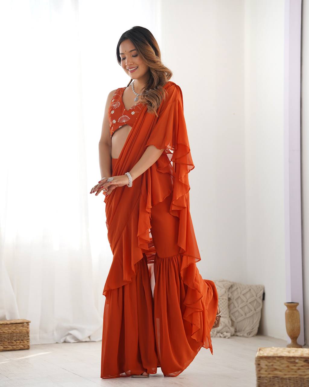 Luxury Ready to Wear Sharara Saree Malaysia | Premium Fox Georgette Wedding Saree with Stitched Blouse | Party Wear & Festive Collection