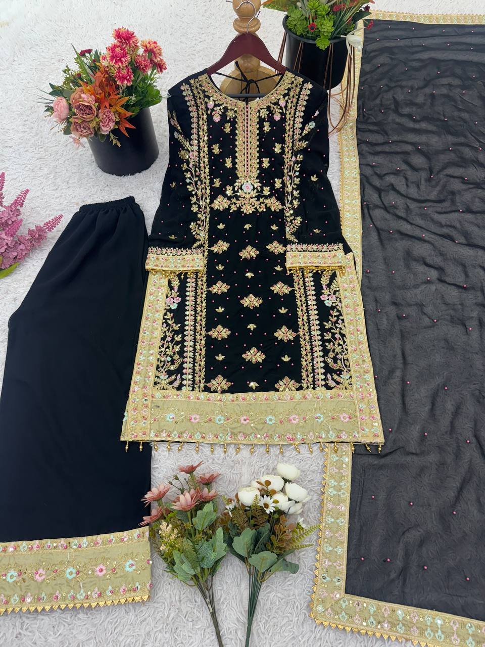 Elegant Black Embroidered Designer Set | Heavy Georgette Sequence & Rivet Moti Work | Ready to Wear Premium Ethnic Suit