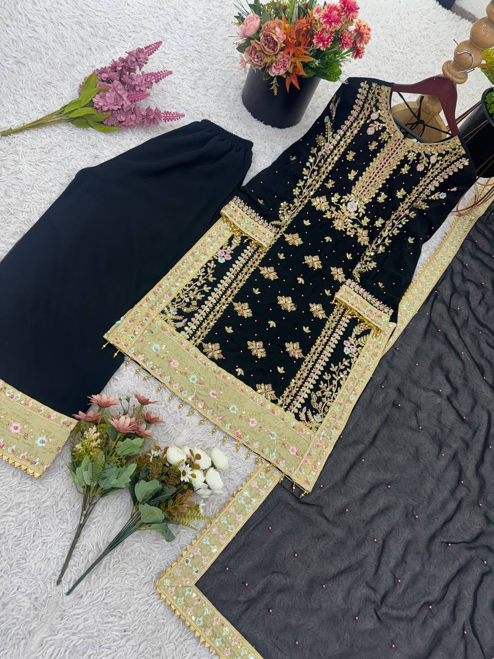 Elegant Black Embroidered Designer Set | Heavy Georgette Sequence & Rivet Moti Work | Ready to Wear Premium Ethnic Suit