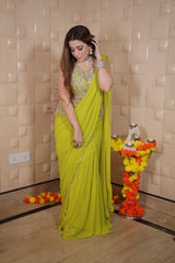 New Designer Ready to Wear Lehenga Saree Malaysia | Georgette Sleeveless Blouse with Back Dori & Sequins Embroidery Work | Party Wear & Wedding Collection