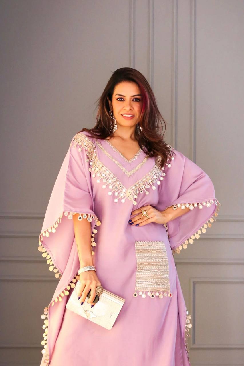 Luxury Kaftan & Pant Set Malaysia | Premium Devsena Satin Kaftan with Embroidered Lace & Real Mirror Work | Modest Fashion | Eid & Party Wear Dress