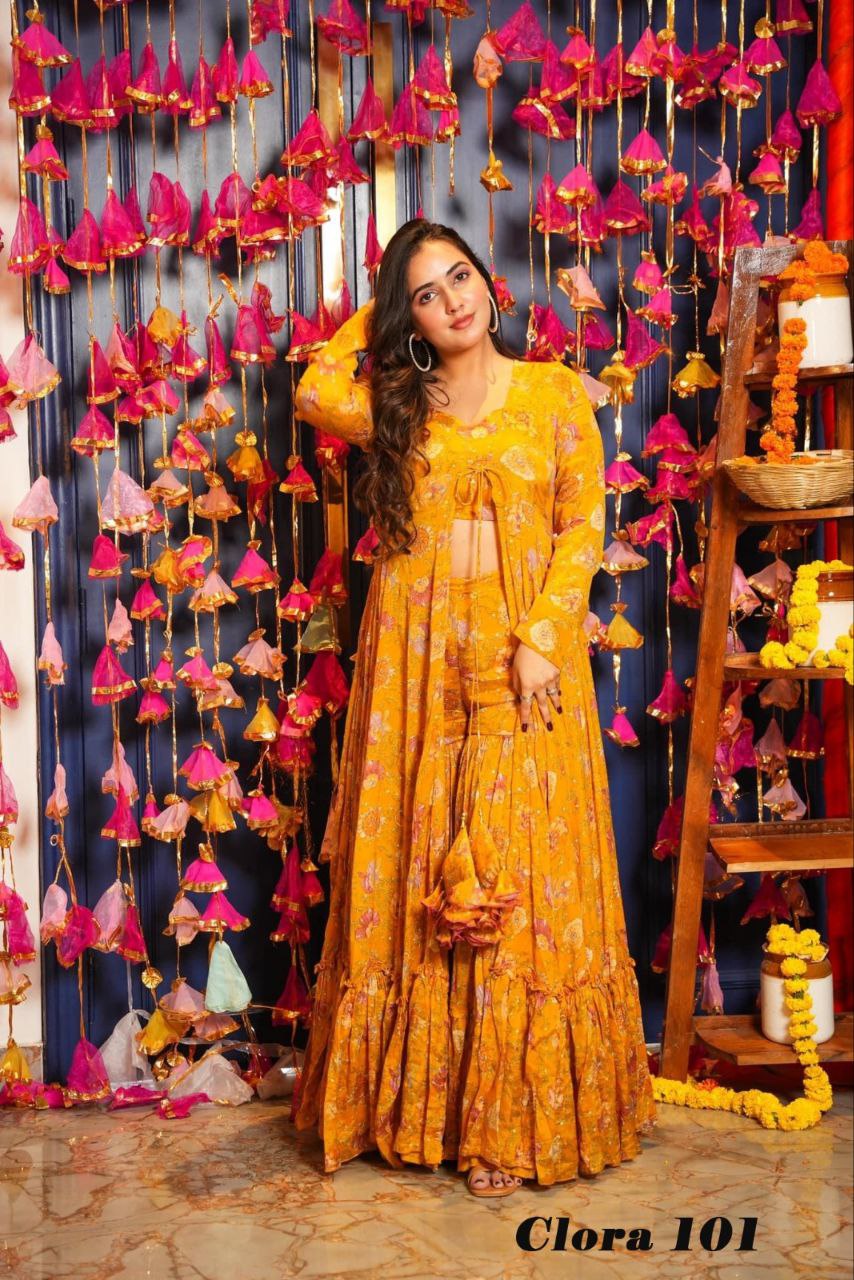 3-piece Koti Style Indo-Western Suit of Printed Crop Top