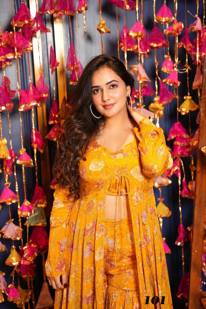 3-piece Koti Style Indo-Western Suit of Printed Crop Top
