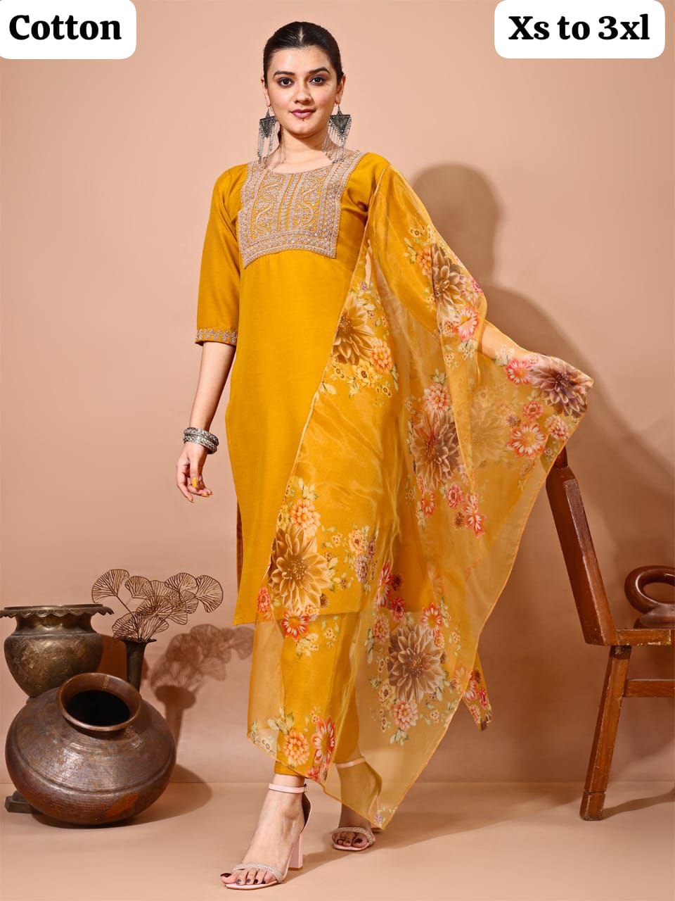 Taffeta Silk Kurti Set with Embroidery & Organza Dupatta