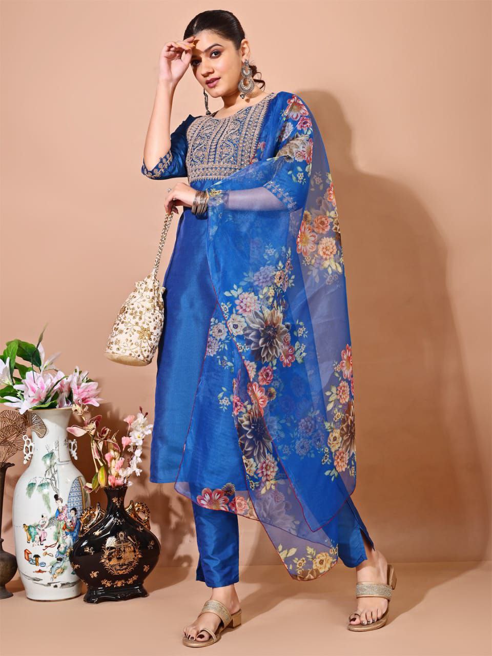 Taffeta Silk Kurti Set with Embroidery & Organza Dupatta