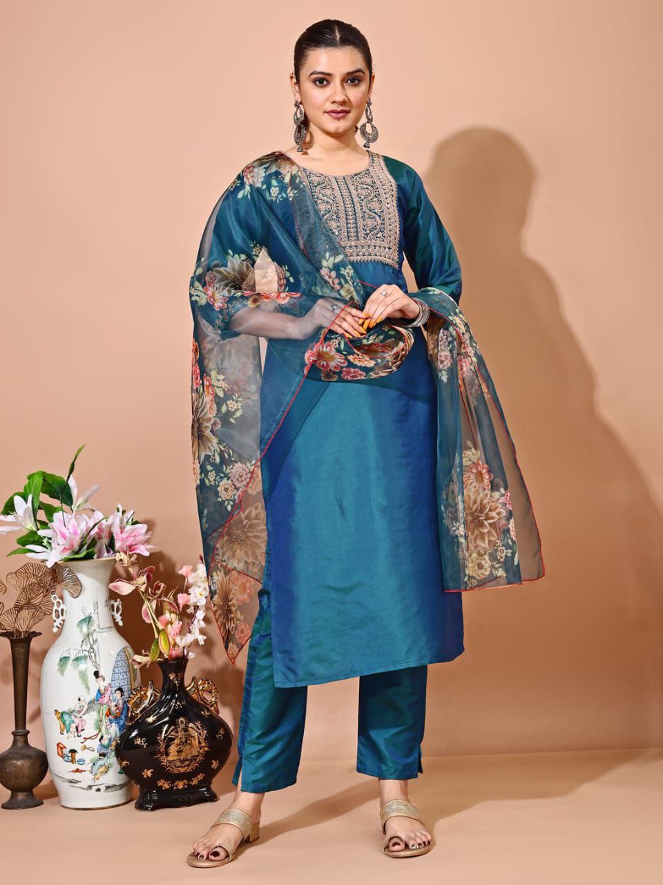 Taffeta Silk Kurti Set with Embroidery & Organza Dupatta