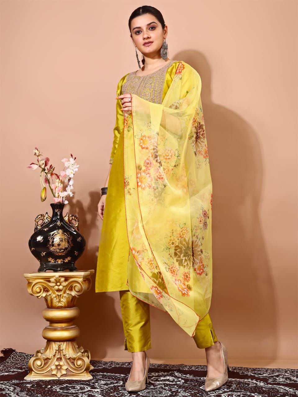 Taffeta Silk Kurti Set with Embroidery & Organza Dupatta