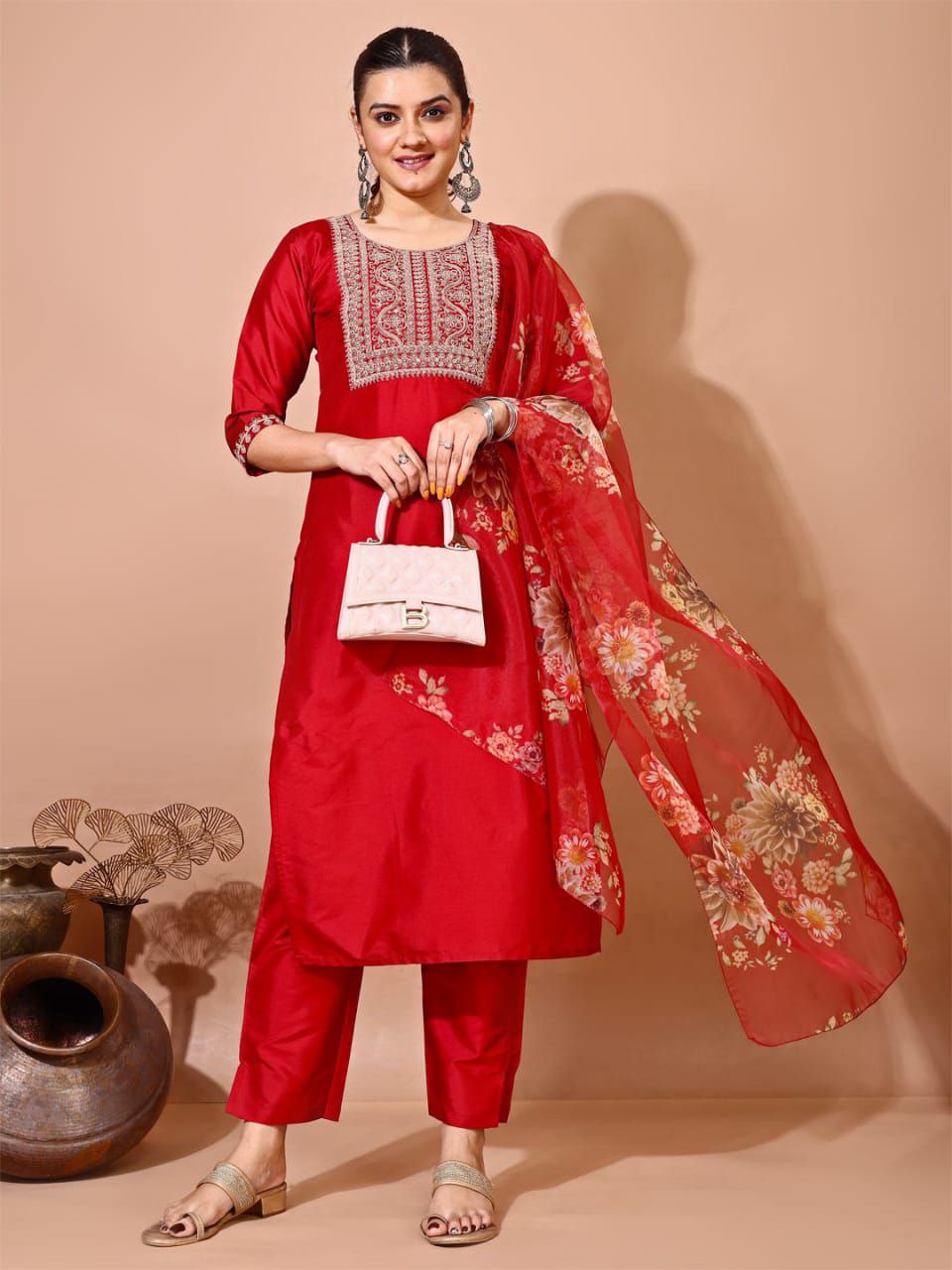 Taffeta Silk Kurti Set with Embroidery & Organza Dupatta