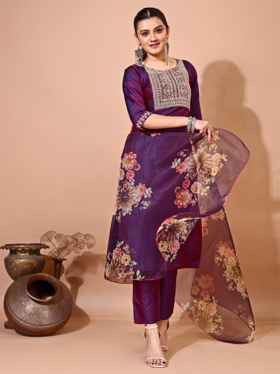Taffeta Silk Kurti Set with Embroidery & Organza Dupatta