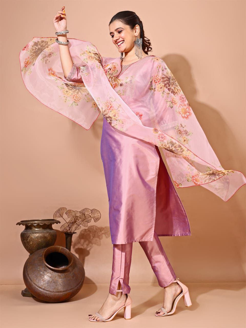 Taffeta Silk Kurti Set with Embroidery & Organza Dupatta