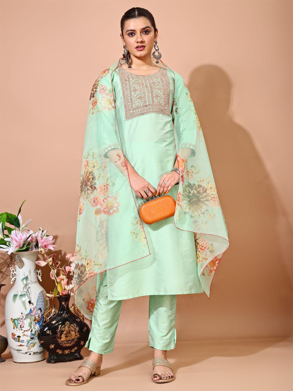 Taffeta Silk Kurti Set with Embroidery & Organza Dupatta