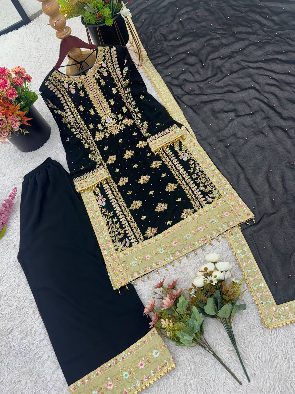 Elegant Black Embroidered Designer Set | Heavy Georgette Sequence & Rivet Moti Work | Ready to Wear Premium Ethnic Suit