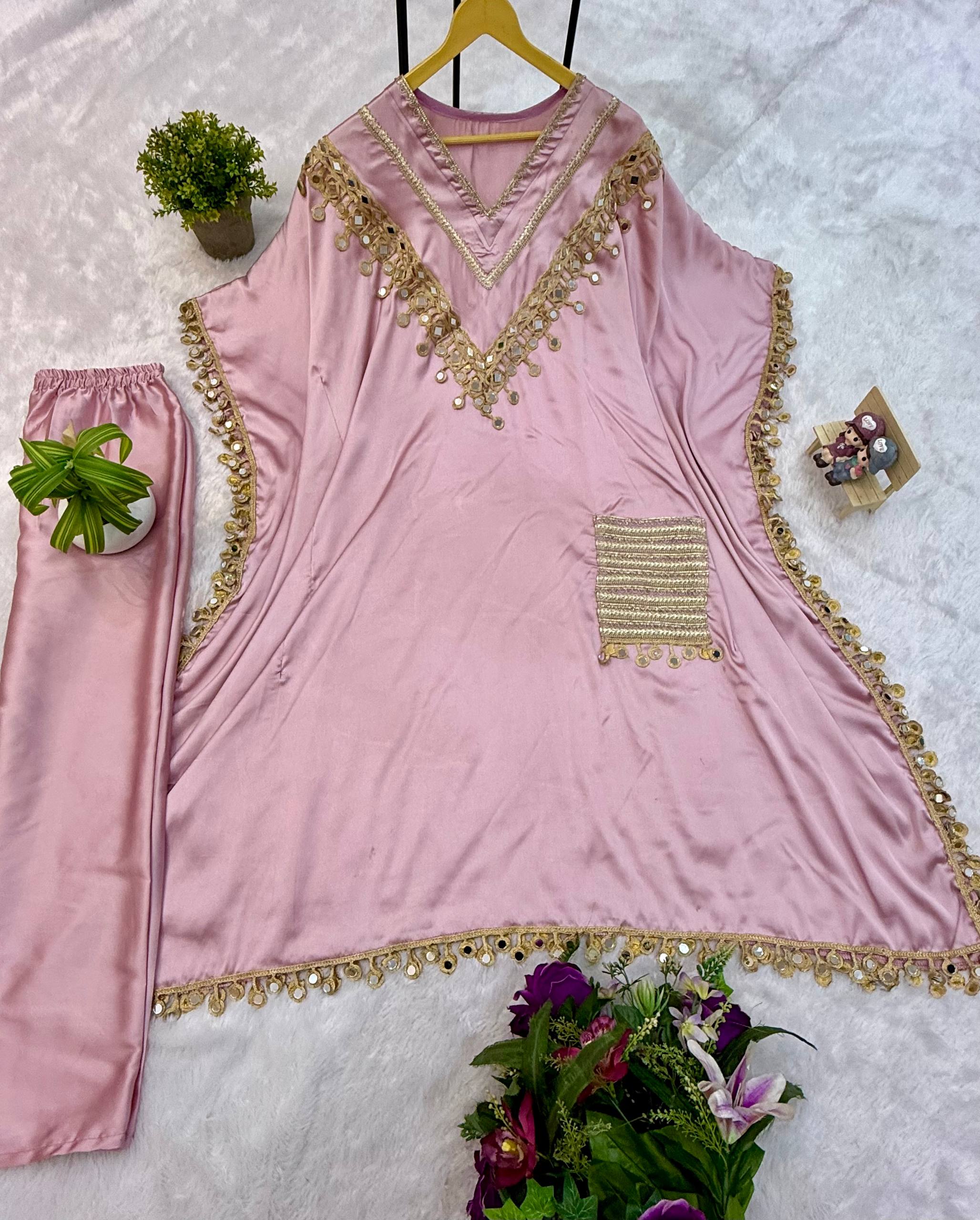 Luxury Kaftan & Pant Set Malaysia | Premium Devsena Satin Kaftan with Embroidered Lace & Real Mirror Work | Modest Fashion | Eid & Party Wear Dress