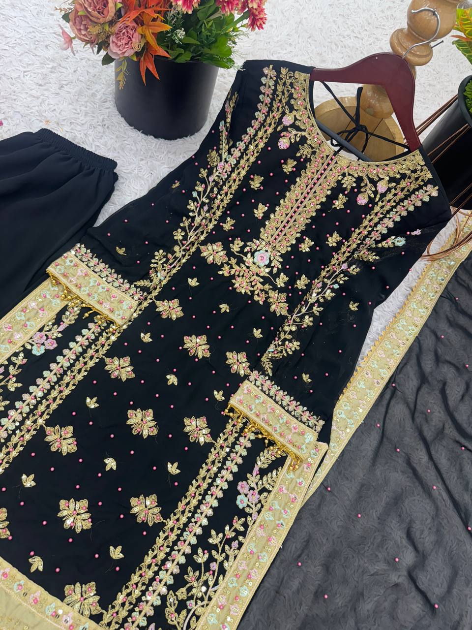 Elegant Black Embroidered Designer Set | Heavy Georgette Sequence & Rivet Moti Work | Ready to Wear Premium Ethnic Suit