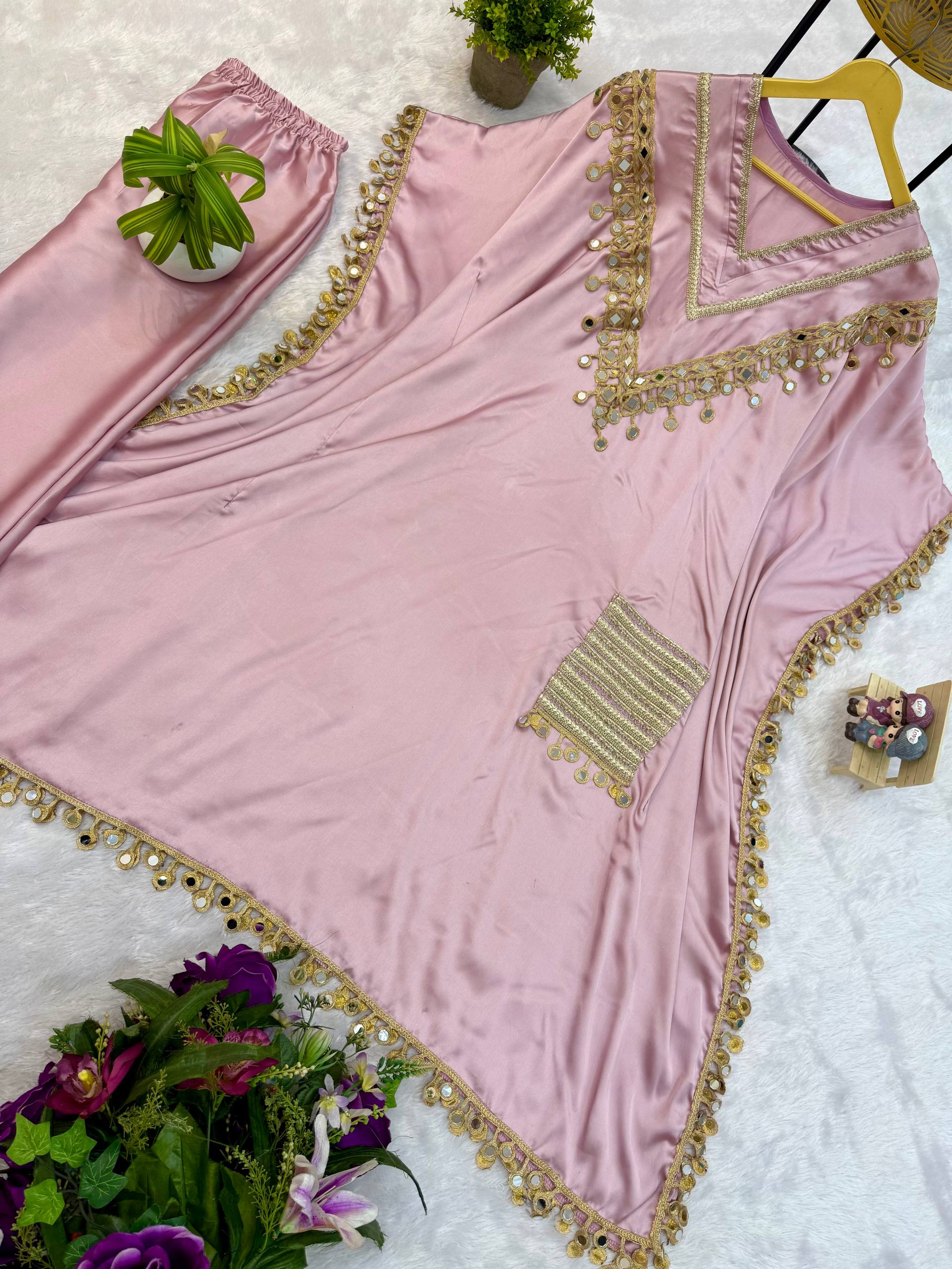 Luxury Kaftan & Pant Set Malaysia | Premium Devsena Satin Kaftan with Embroidered Lace & Real Mirror Work | Modest Fashion | Eid & Party Wear Dress
