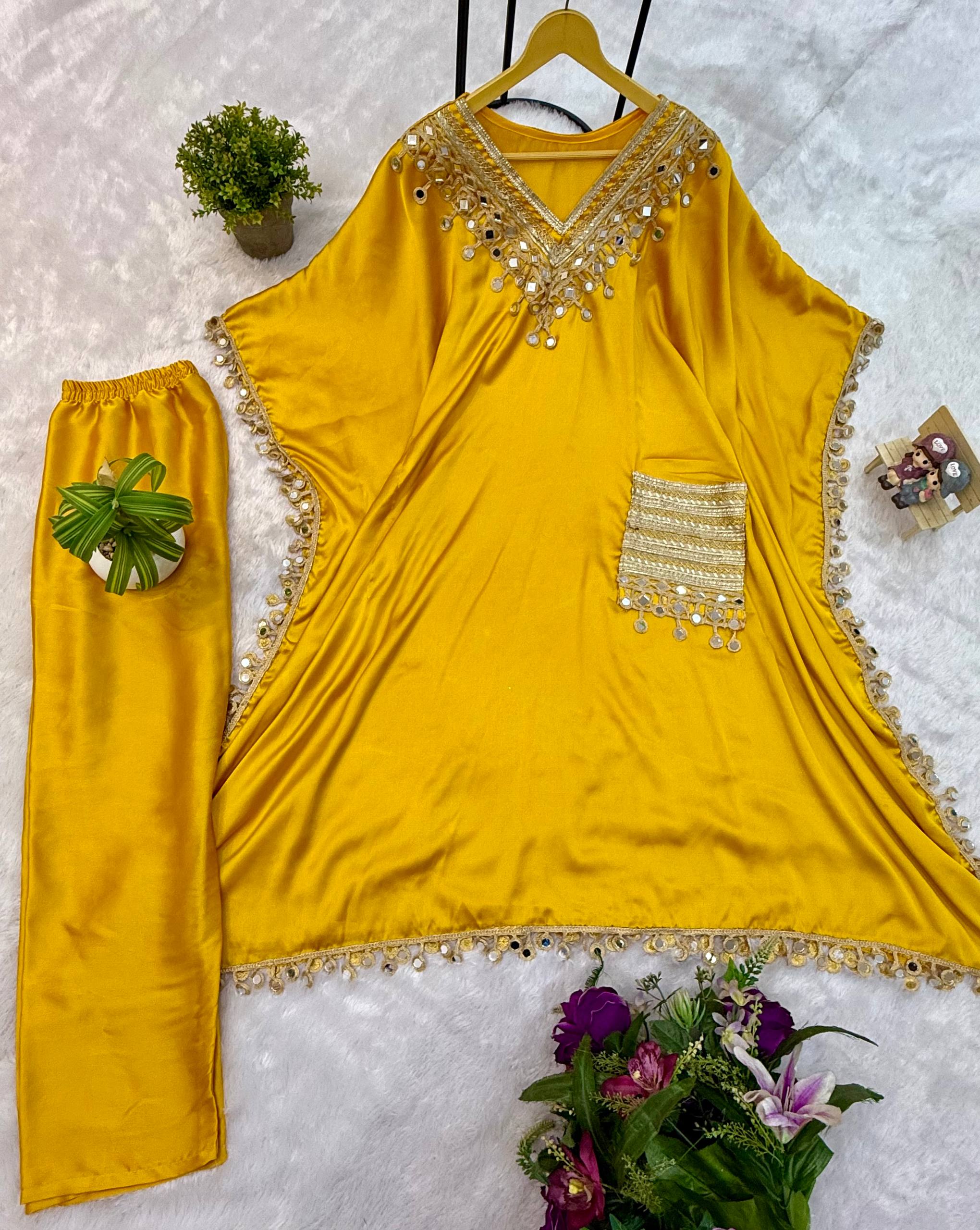 Luxury Kaftan & Pant Set Malaysia | Premium Devsena Satin Kaftan with Embroidered Lace & Real Mirror Work | Modest Fashion | Eid & Party Wear Dress