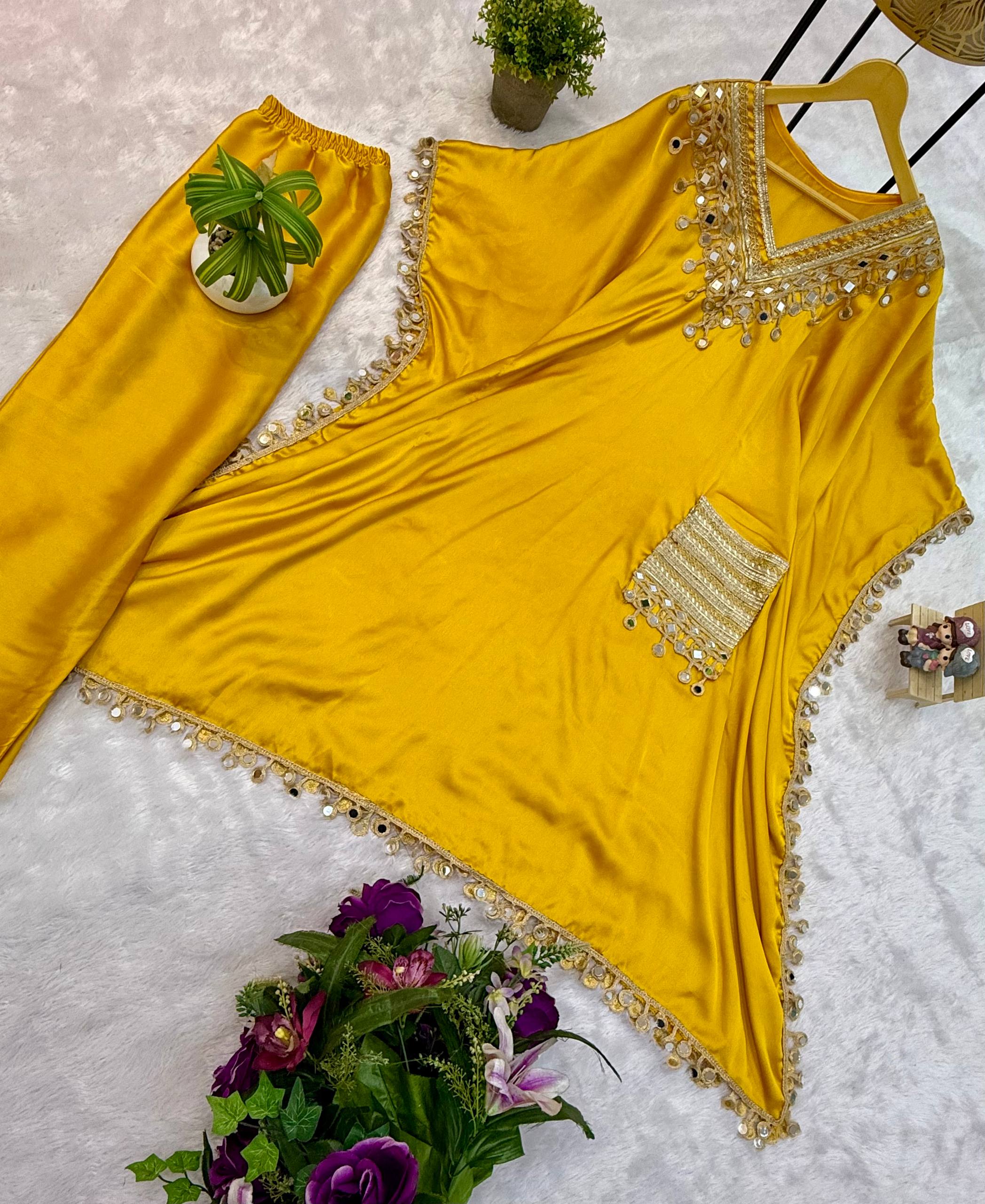 Luxury Kaftan & Pant Set Malaysia | Premium Devsena Satin Kaftan with Embroidered Lace & Real Mirror Work | Modest Fashion | Eid & Party Wear Dress