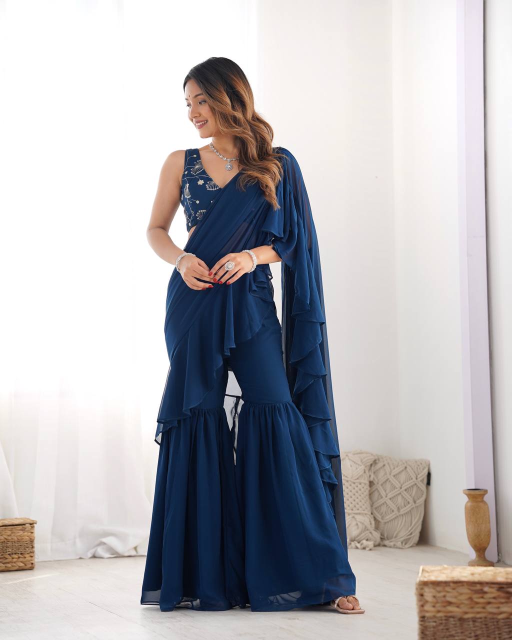 Luxury Ready to Wear Sharara Saree Malaysia | Premium Fox Georgette Wedding Saree with Stitched Blouse | Party Wear & Festive Collection