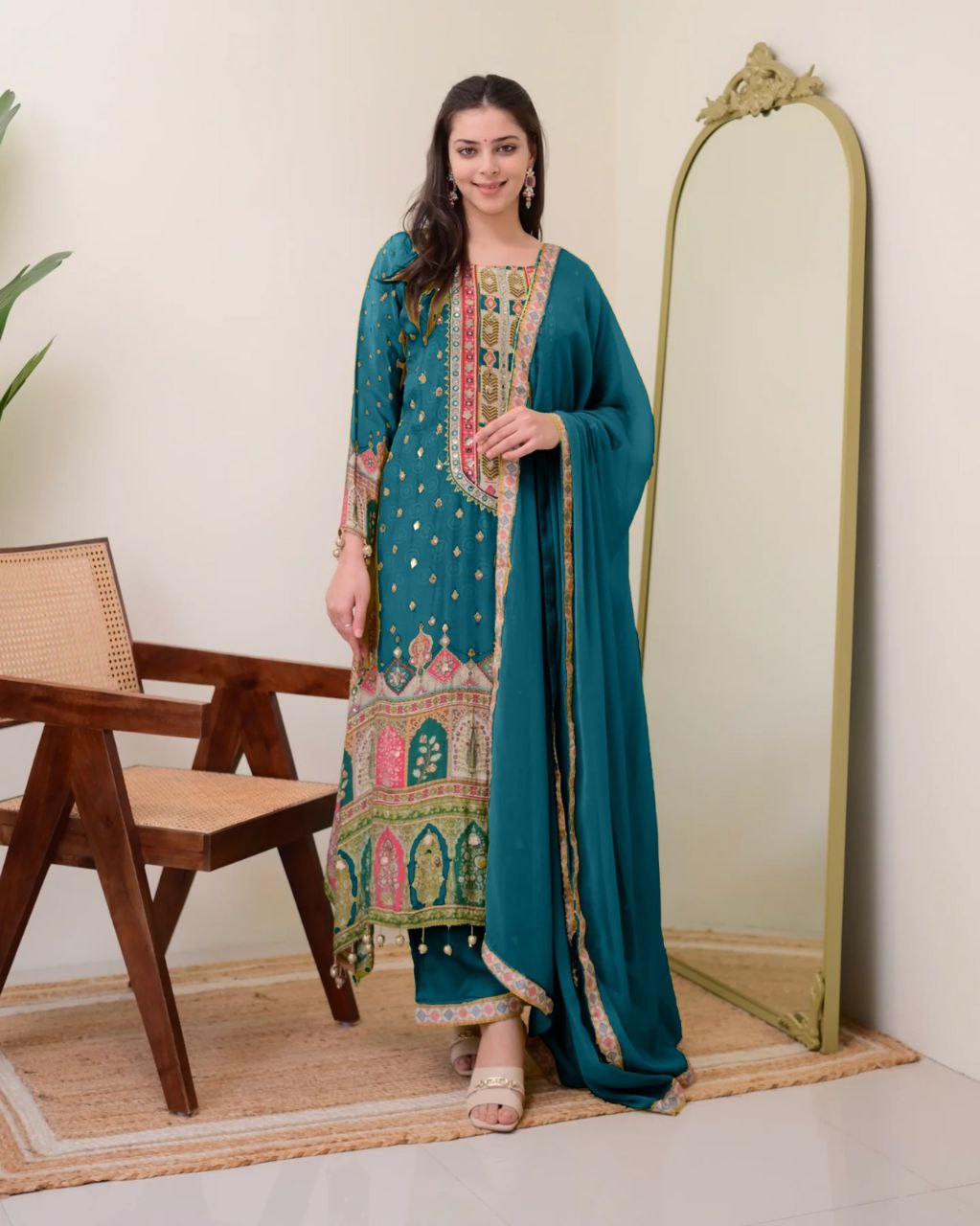 Designer Wear Jaipur Trending Kurti Set with Palazzo & Dupatta | Mirror Work Embroidered Plus Size Ethnic Outfit | Ready to Wear S–11XL